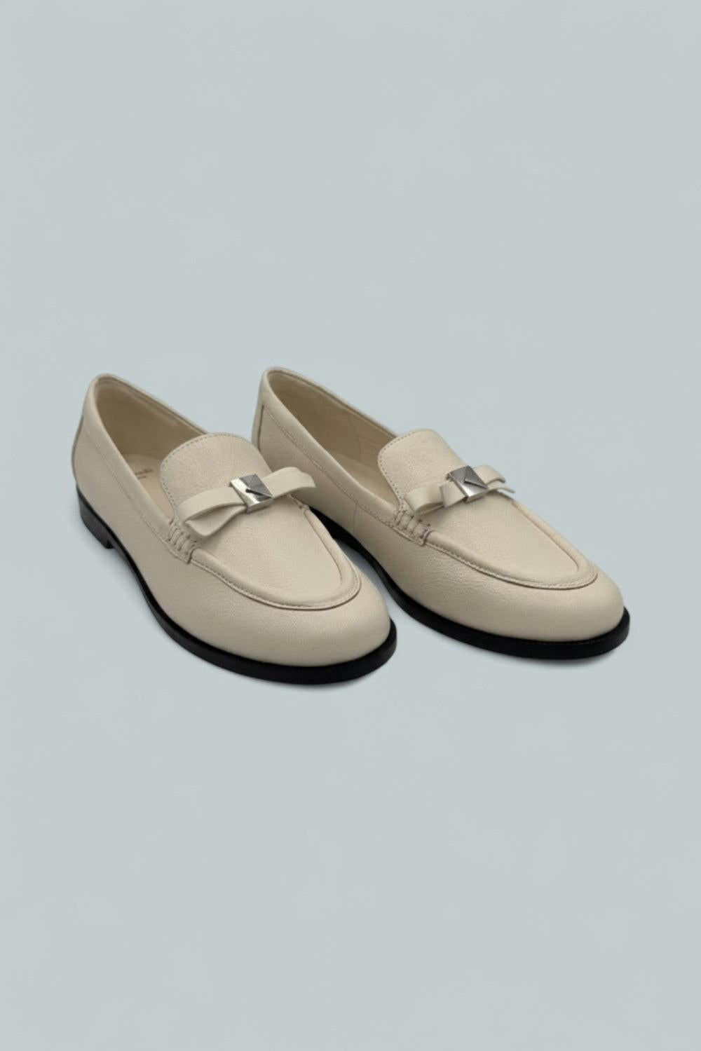 Deco Bow Pebbled Leather Loafer - Cashew Milk - 8.5 - Loafers