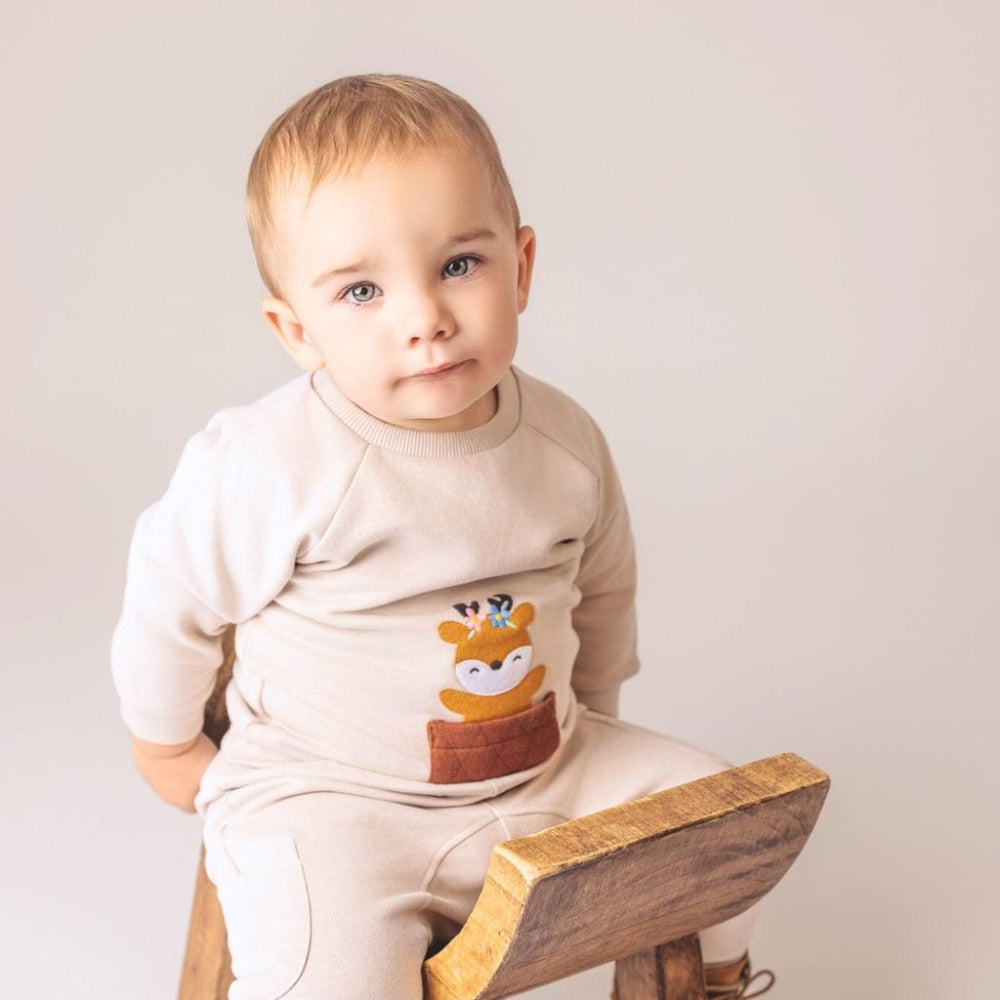 Deer Brushed Fleece Sweatshirt - Ecru - Crewneck Sweatshirt