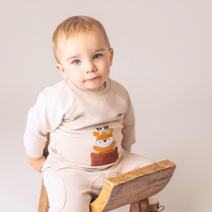 Deer Brushed Fleece Sweatshirt - Ecru - Crewneck Sweatshirt