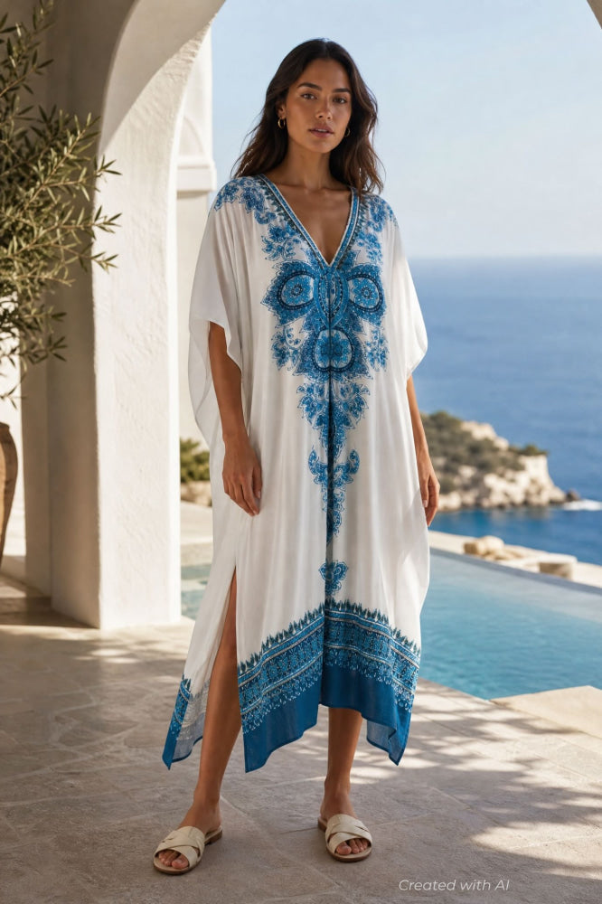Delphine Kaftan - Teal Medallion - S - Dresses