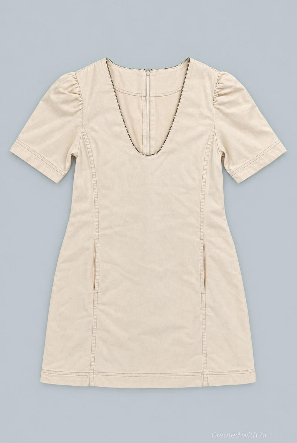 Denim Embellished Dress - Beige - Dresses