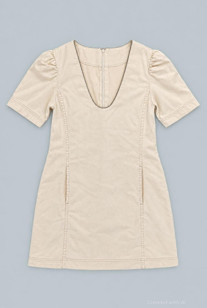 Denim Embellished Dress - Beige - Dresses