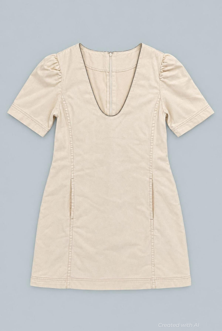Denim Embellished Dress - Beige - Dresses