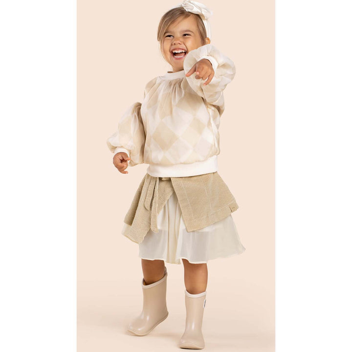 Girls Organza & Terry Sweatshirt - Beige