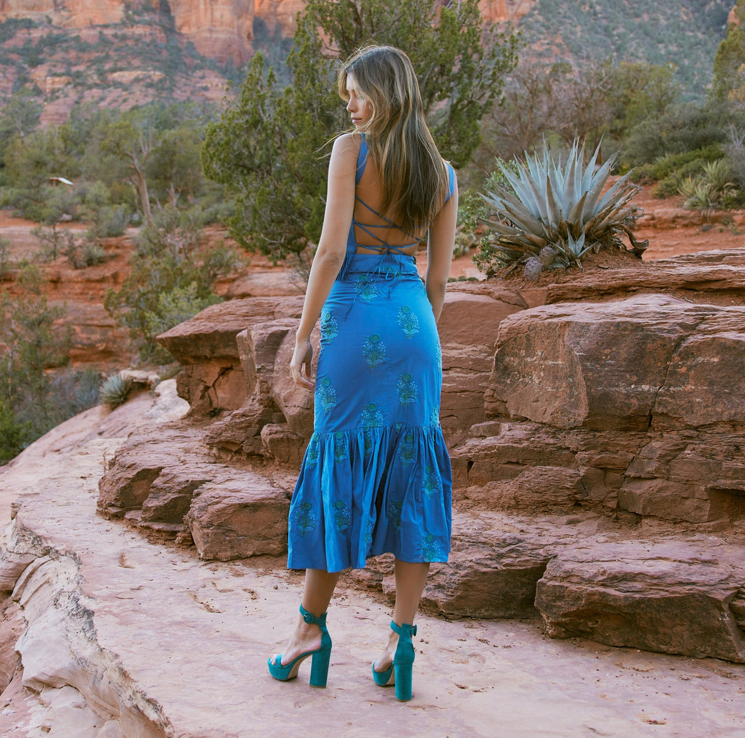 Brook Embroidered Fluted Skirt - Prussian Blue/Placed Floral Embroidery