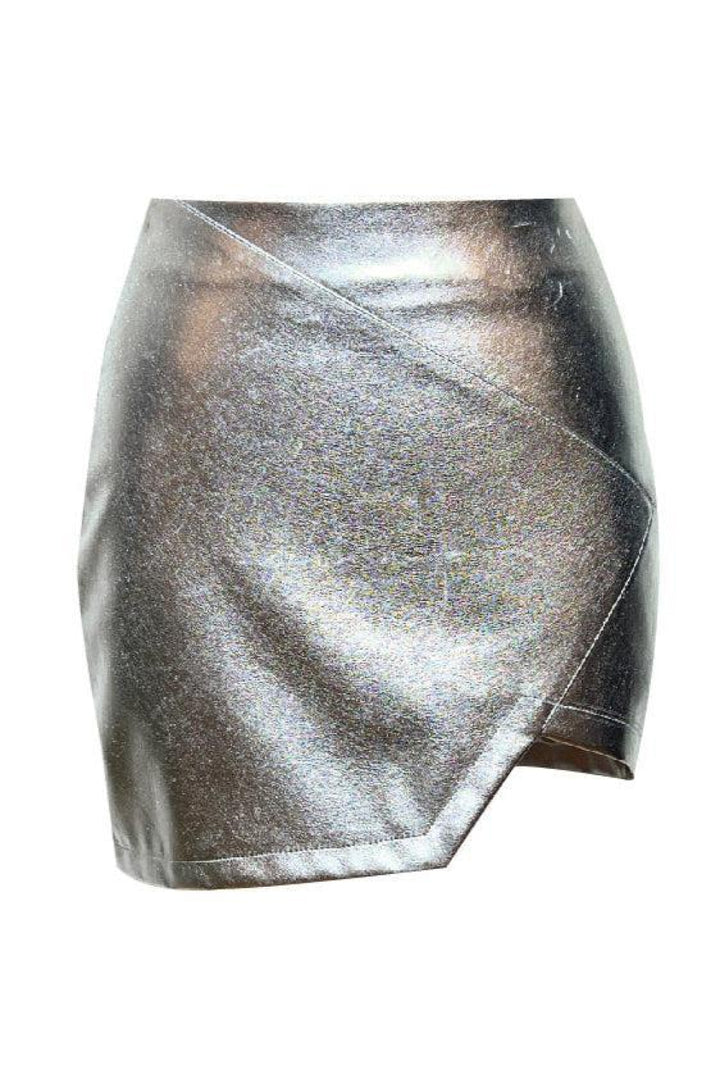 Dian Asymmetric Vegan Leather Mini Skirt - Silver - M - Skirt