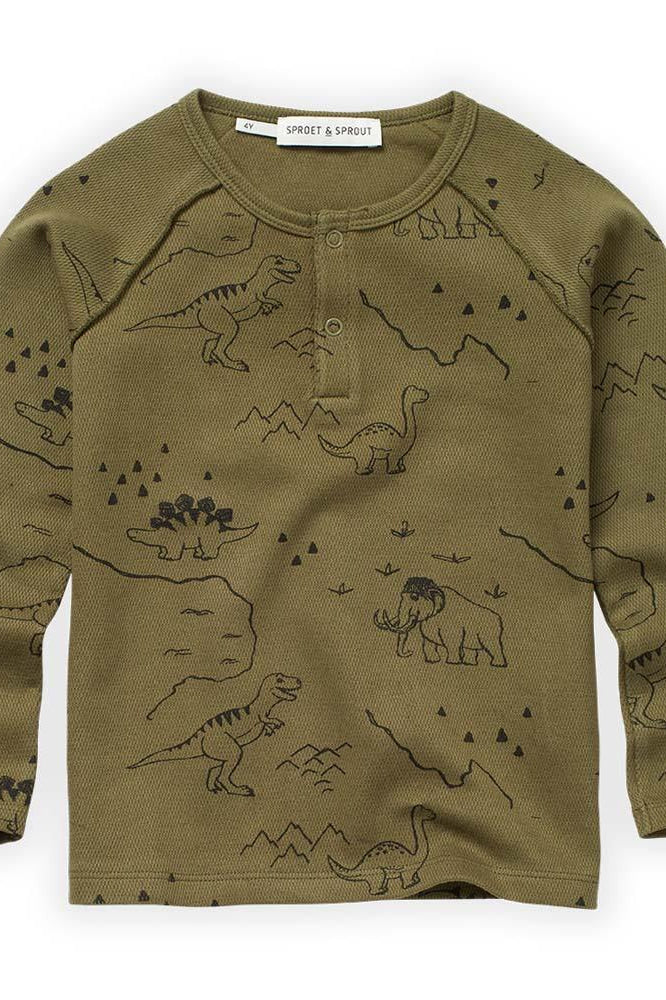 Dino Print Grandad Tee Shirt - Khaki - FINAL SALE - T-shirt