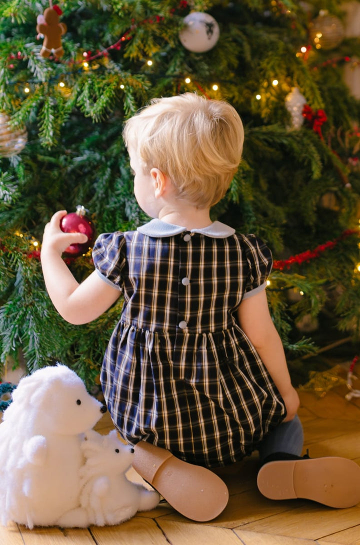 Angelica Navy Tartan Short Sleeve Smocked Bubble - Checkered/Plaid/Blue