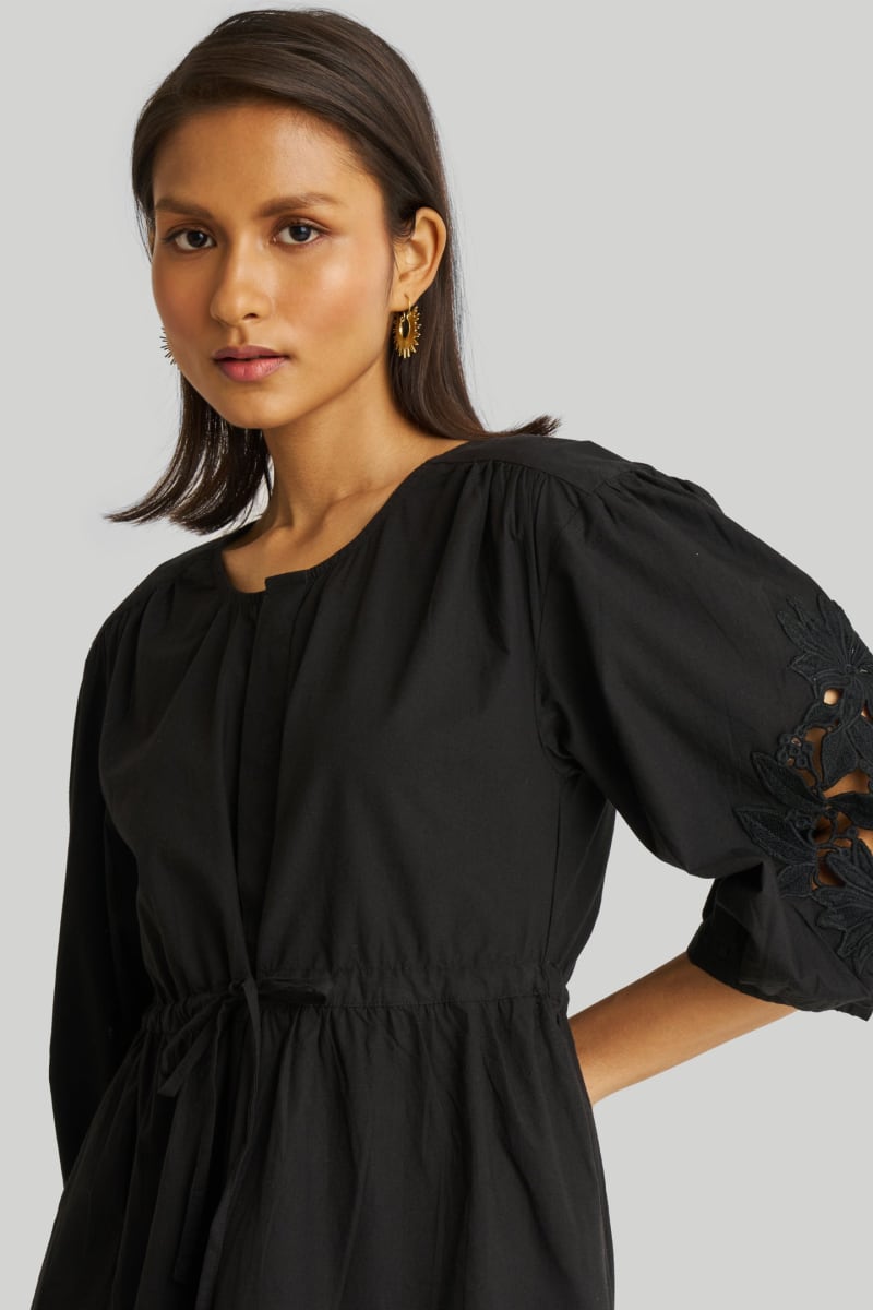Shirt Dress With Balloon Sleeves - Black