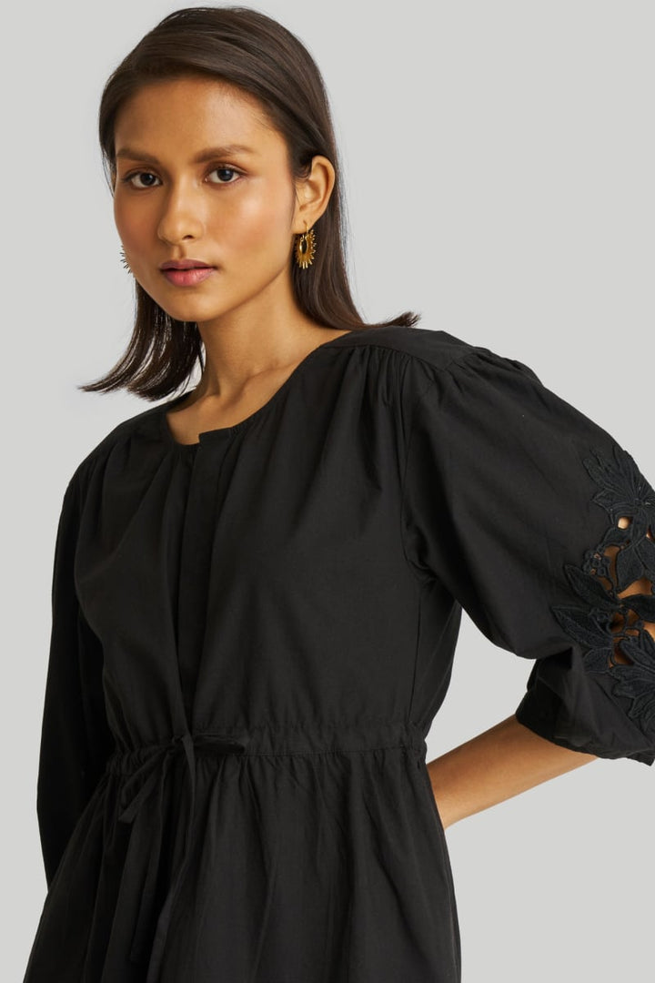 Shirt Dress With Balloon Sleeves - Black