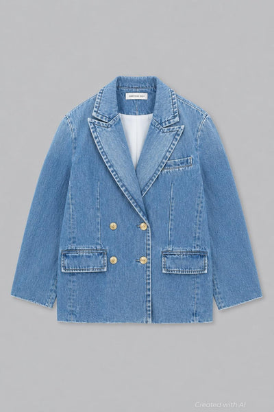 Double Breasted Denim Blazer - Medium Blue - Blazer