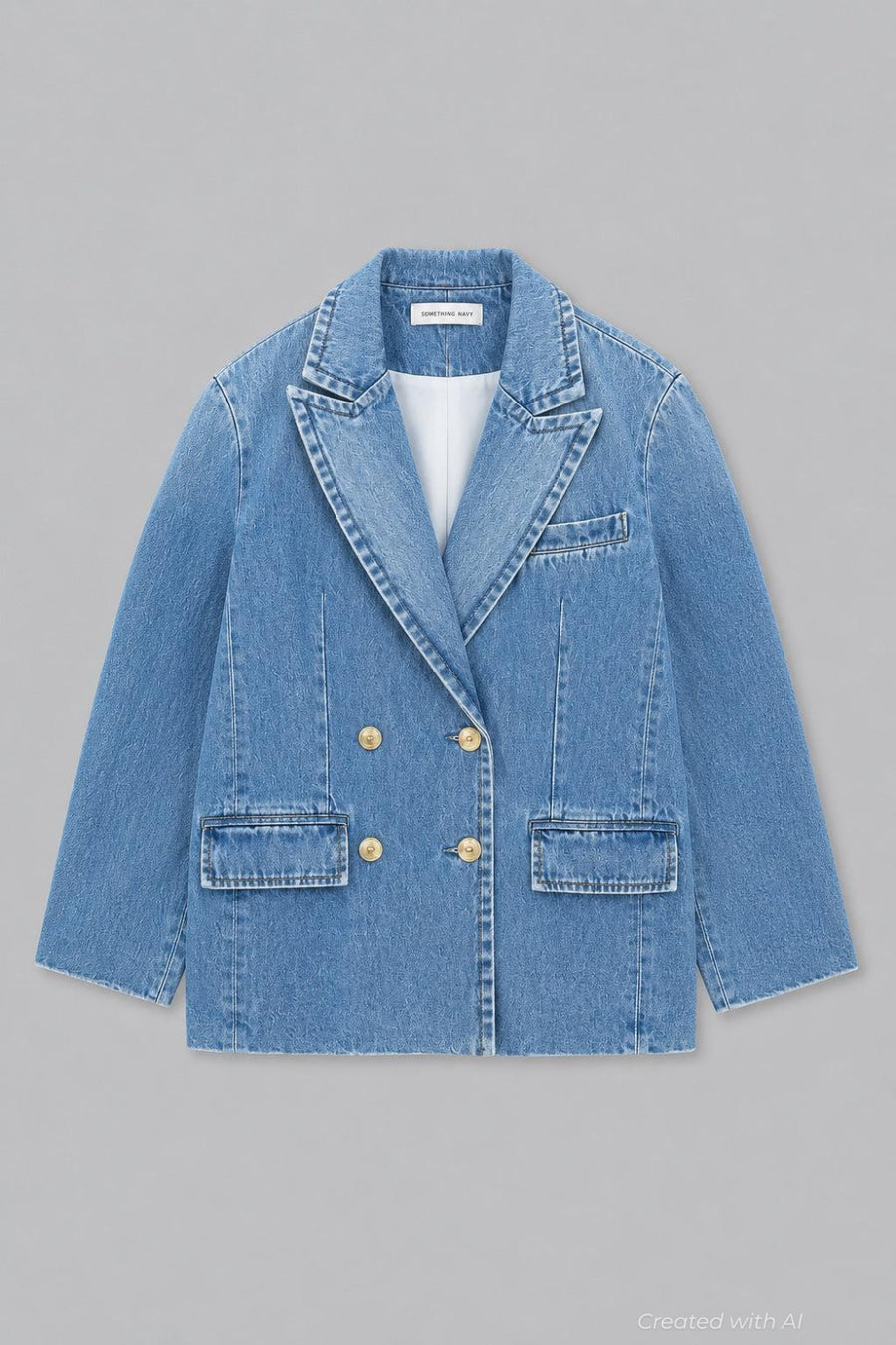 Double Breasted Denim Blazer - Medium Blue - Blazer