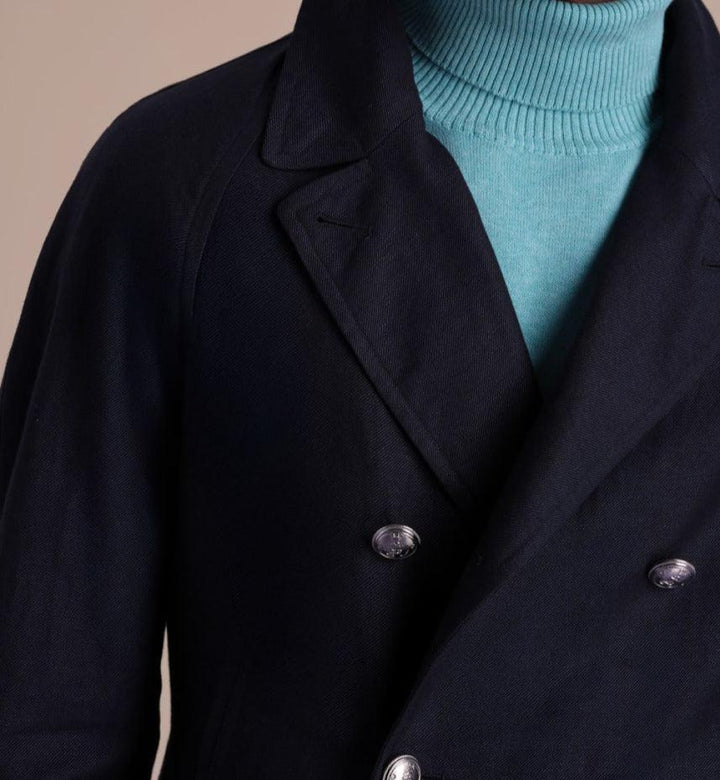 Double Breasted Linen & Cotton Peacoat - Navy - Coat