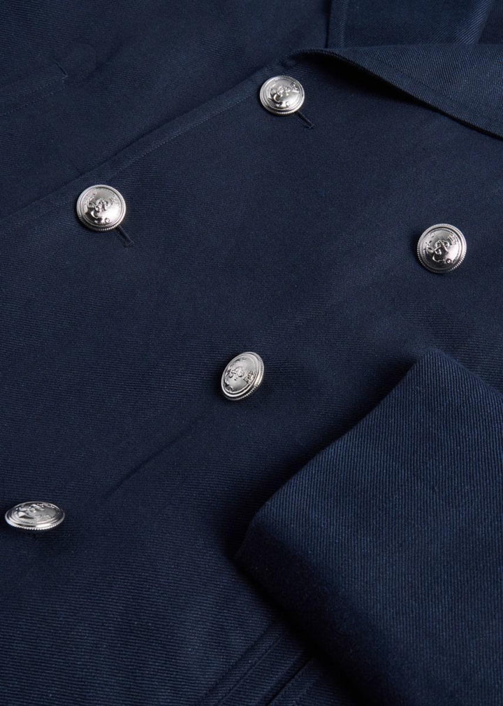 Double Breasted Linen & Cotton Peacoat - Navy - Coat