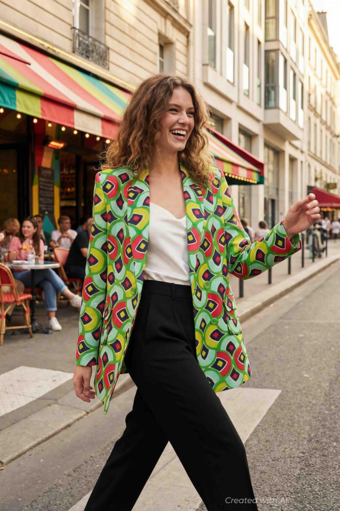 Double-Breasted Print Jacket - Multi-Colored - Blazer