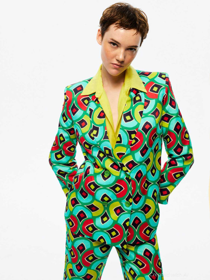 Double-Breasted Print Jacket - Multi-Colored - Blazer