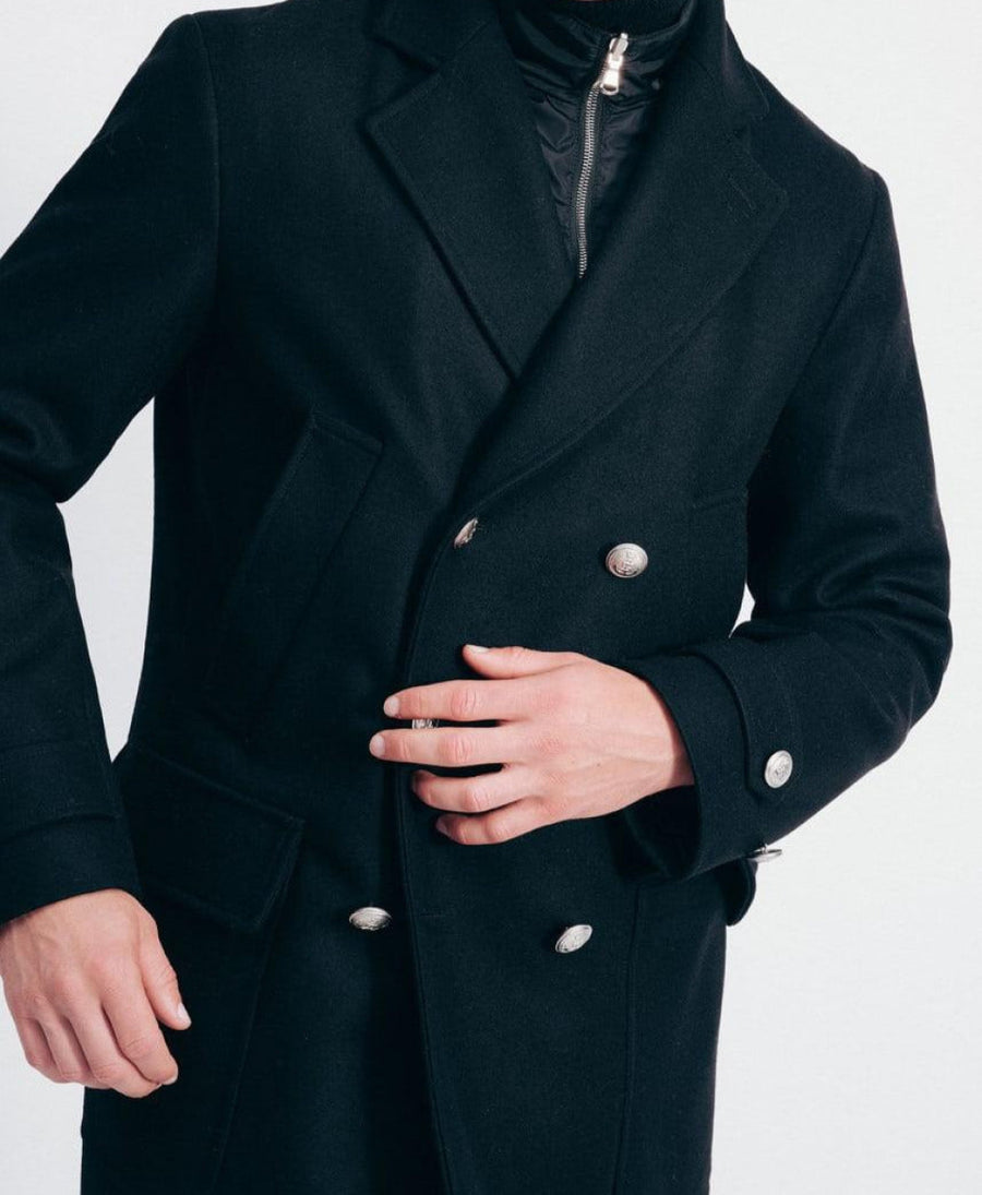Double Breasted Wool Coat & Detachable Jacket - Black - Coat