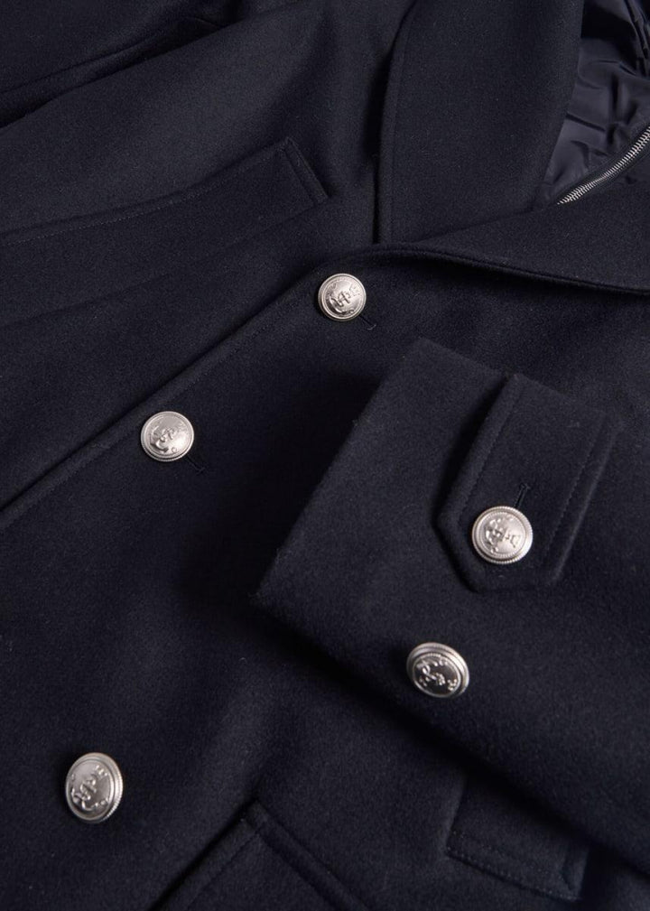 Double Breasted Wool Coat & Detachable Jacket - Black - Coat