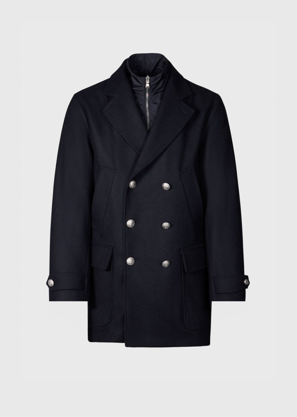 Double Breasted Wool Coat & Detachable Jacket - Black - Coat