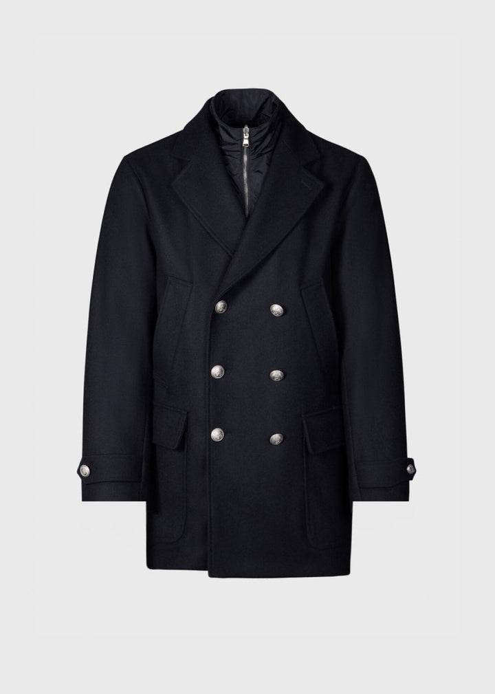 Double Breasted Wool Coat & Detachable Jacket - Black - Coat