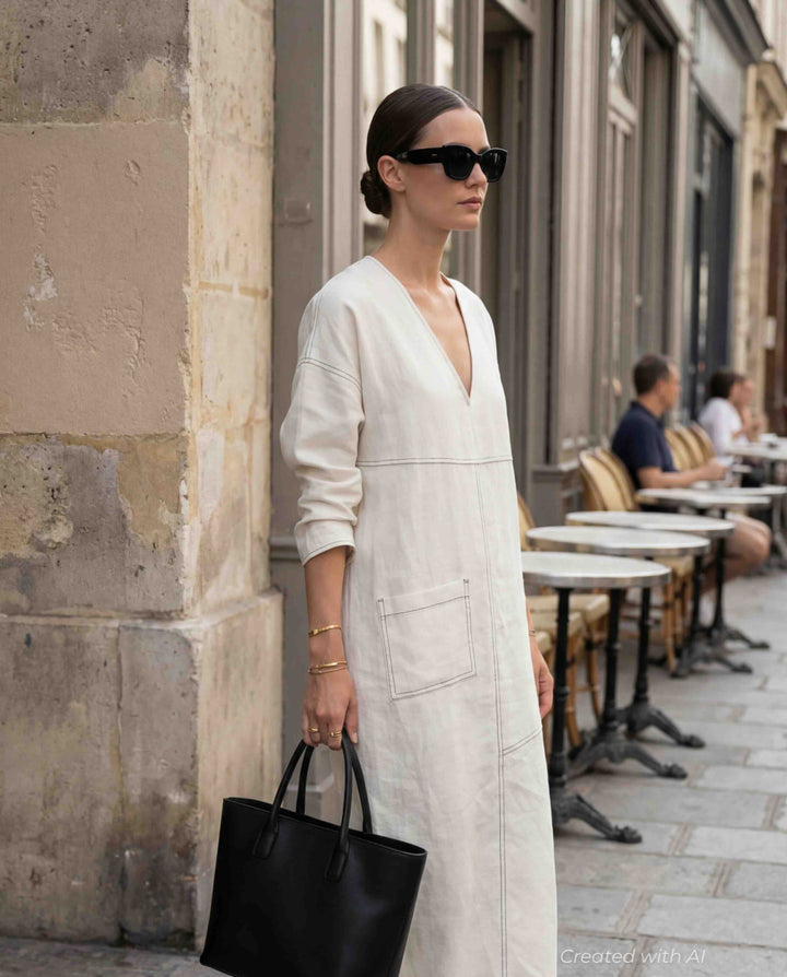 Draped Deep V-Neck Dress - Ecru - Dresses