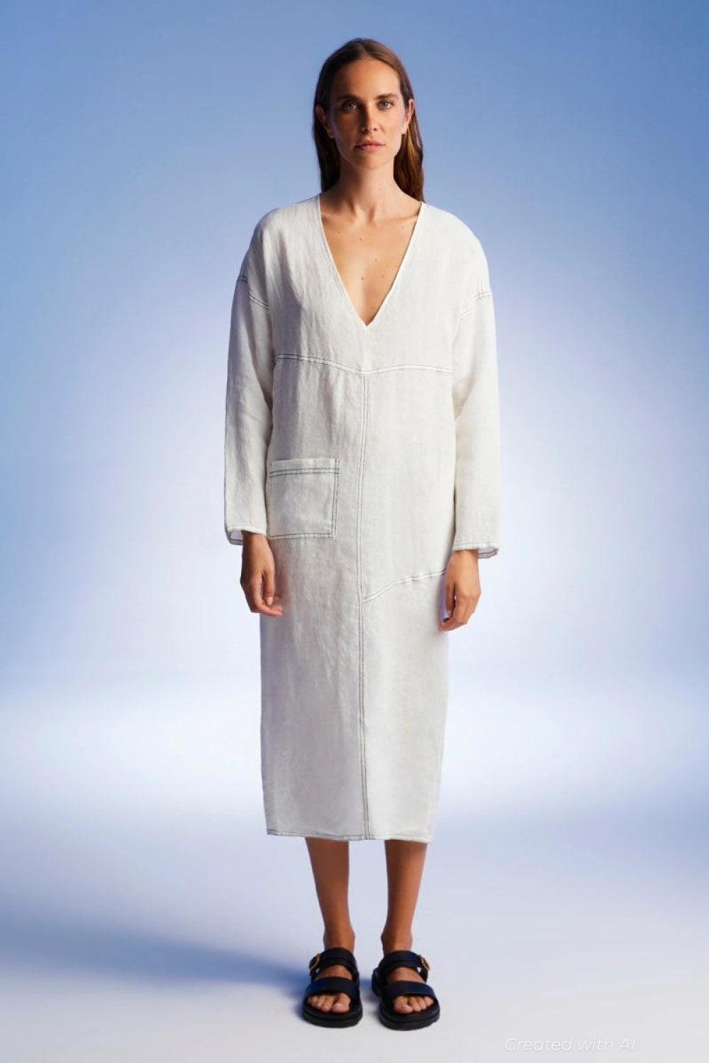 Draped Deep V-Neck Dress - Ecru - Dresses