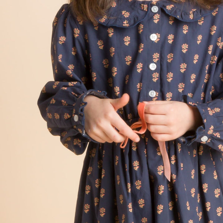 Girls' Long Sleeves Dress With Velvet Tie - Adelaide Orange Floral