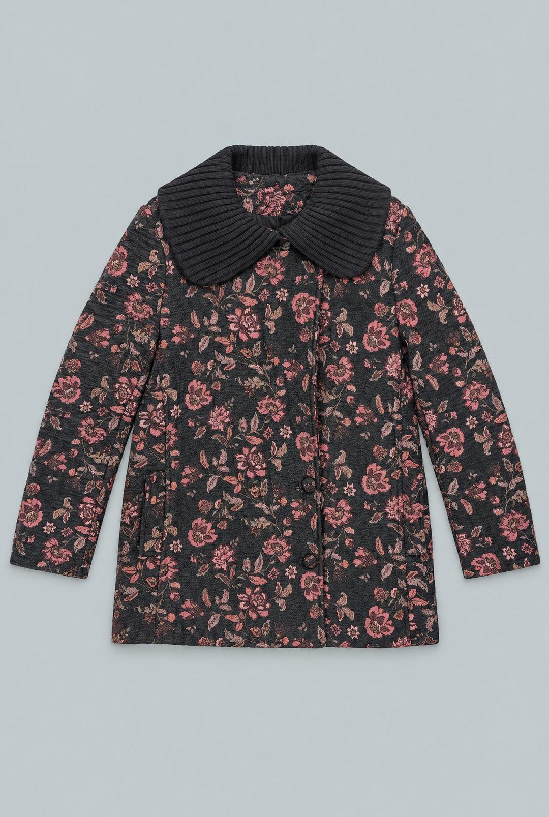 Double Breasted Tapestry Coat - Black Pink