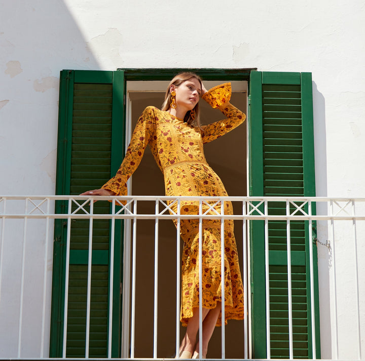 Tina Fluted Pencil Dress - Golden Marguerite & Chili Floral print