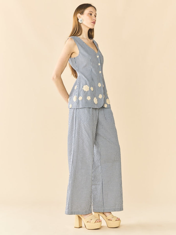 Alexa Top x Rainey Collaboration - Navy Gingham with Cream Crochet Appliqué