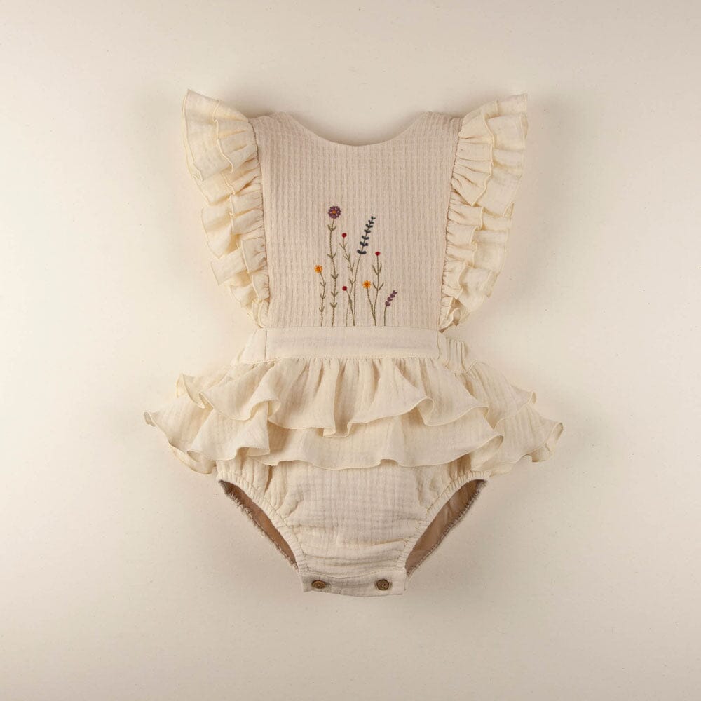 Off White Romper Suit with Embroidered Bib One Pieces Popelin 