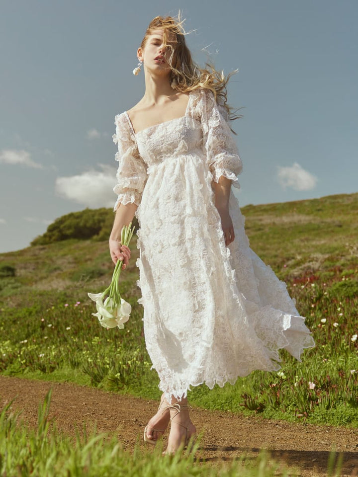 Jocelyn Puff Sleeve Midi Dress - Vivid Floral Lace