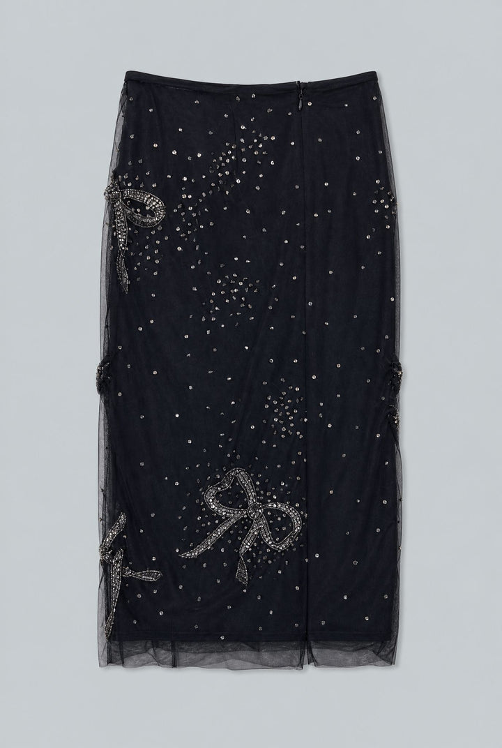Bow-Embroidered Pencil Skirt - Black