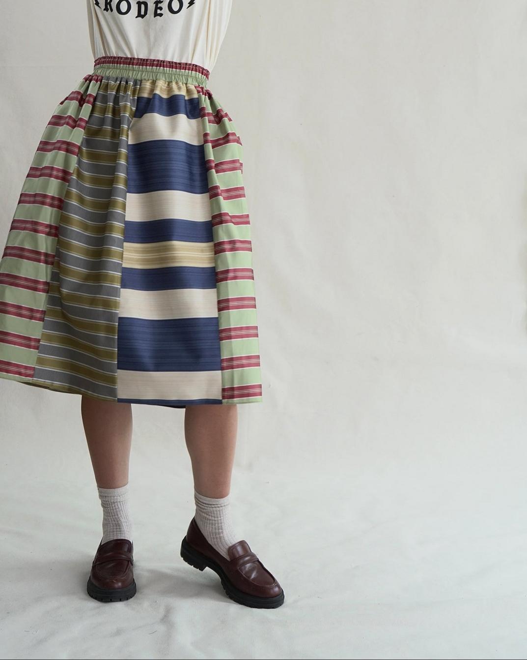 Mixed Upholstry Deadstock Satin  Dirndl Skirt - Multi