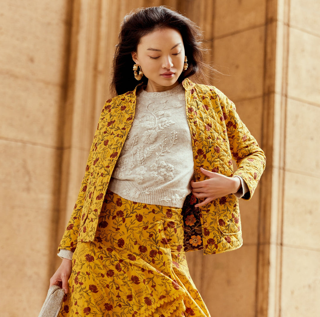Nancy Reversible Quilted Jacket - Golden Marguerite/Chili Floral Print & Faded Black/Golden Floral Prints