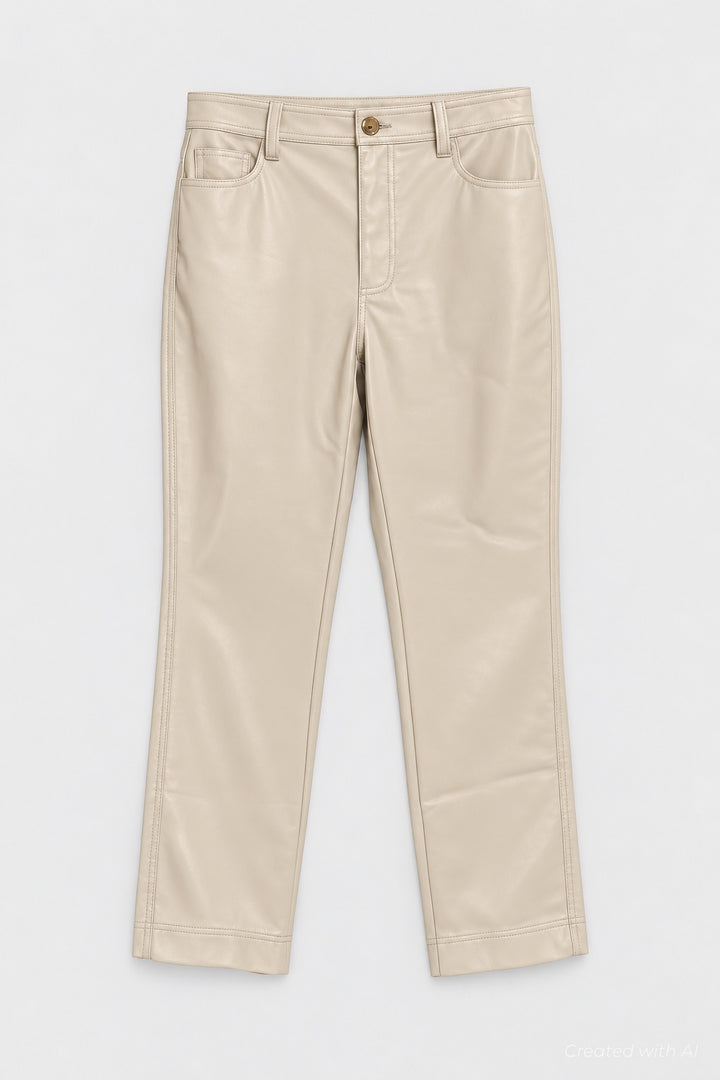 Faux Leather Straight Leg Pants - Ecru