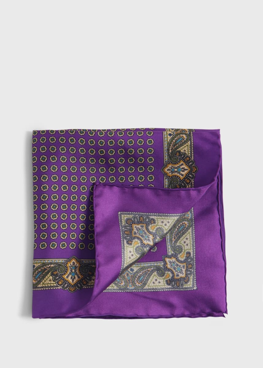 Silk Medallion Paisley Pocket Square - Purple