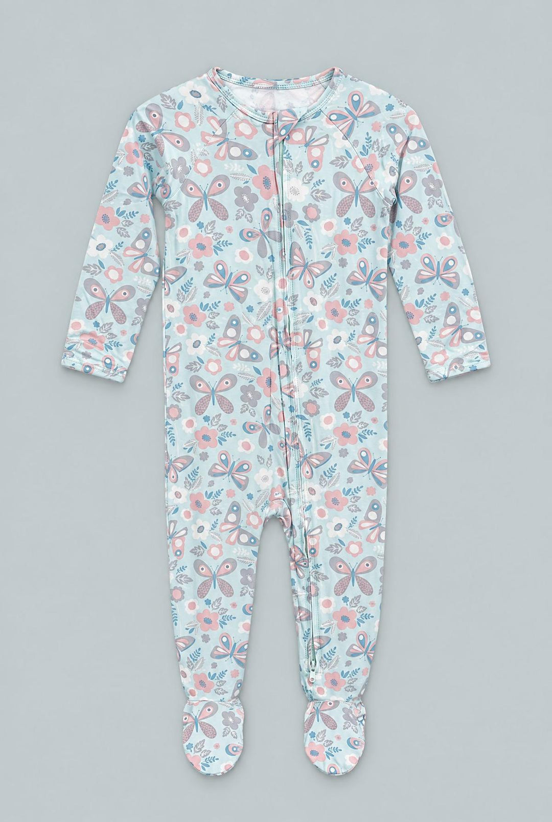 Zipper Footie - Butterfly Aqua