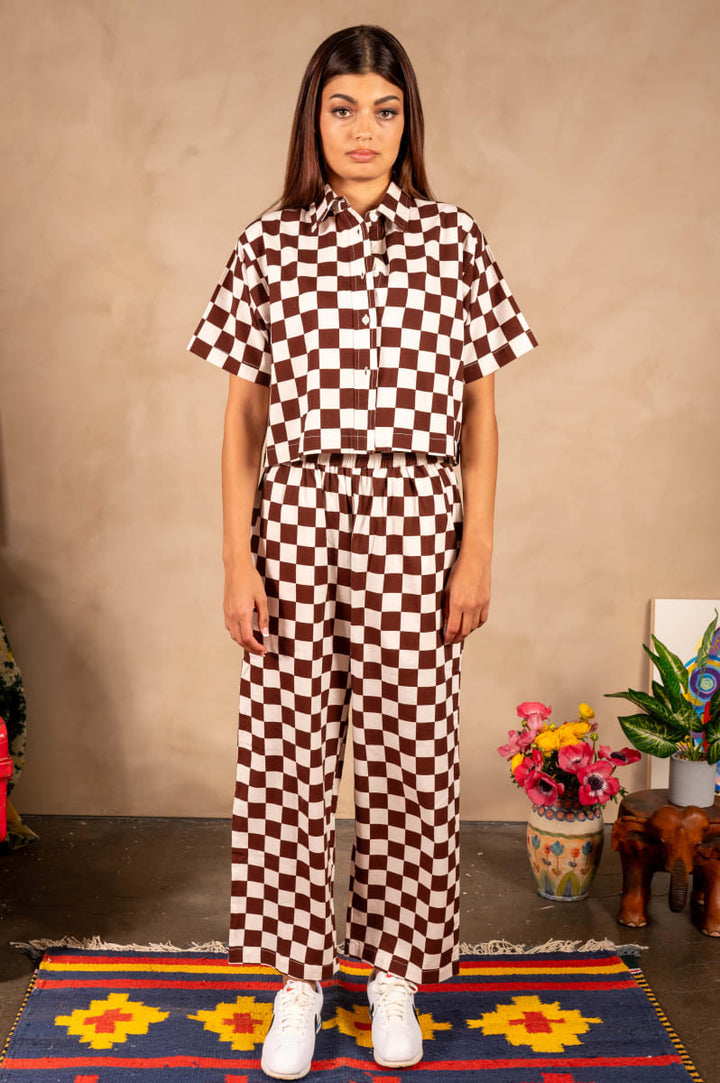 Hand Printed 'Seema' Pants - Chocolate And White Chessboard