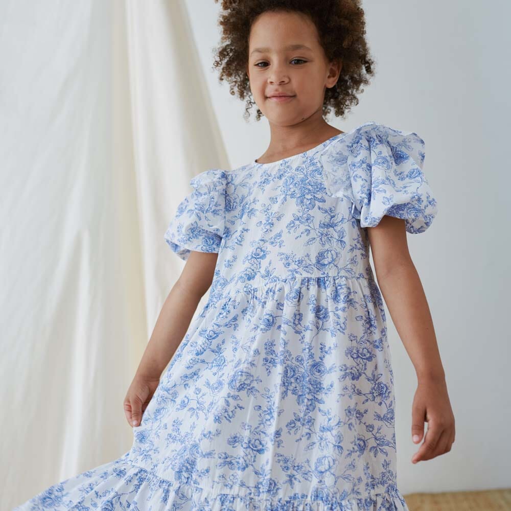 Cotton Floral Ruffle Dress - Ivory Blue Dresses + Skirts My Little Cozmo 