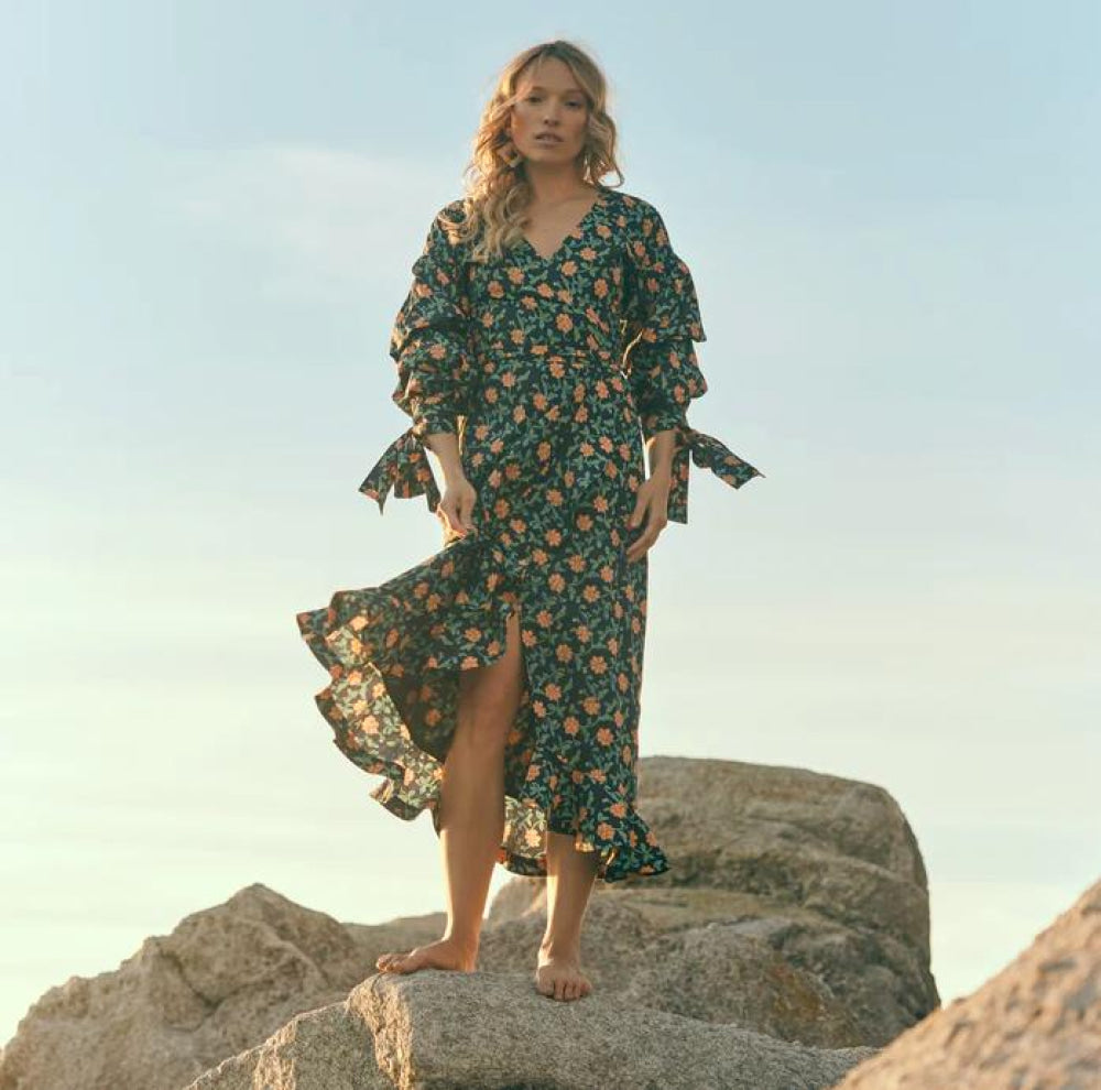Ellen Ruffled Wrap Dress - Faded Black/Bright Clementine & Moss Floral - FINAL SALE - Dresses