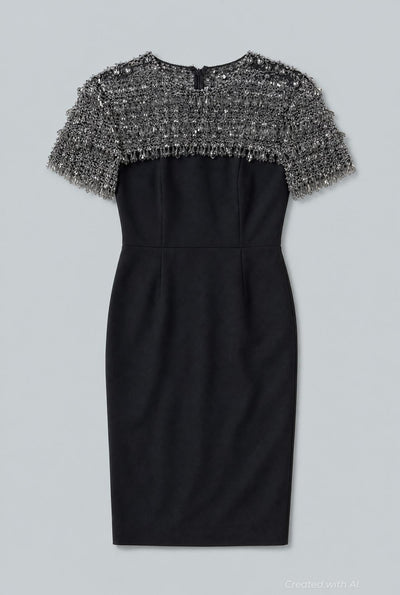 Embellished Short-Sleeve Crewneck Pencil Dress - Black Multi - US 2 / XS - Dresses