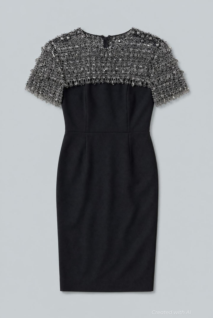 Embellished Short-Sleeve Crewneck Pencil Dress - Black Multi - US 2 / XS - Dresses
