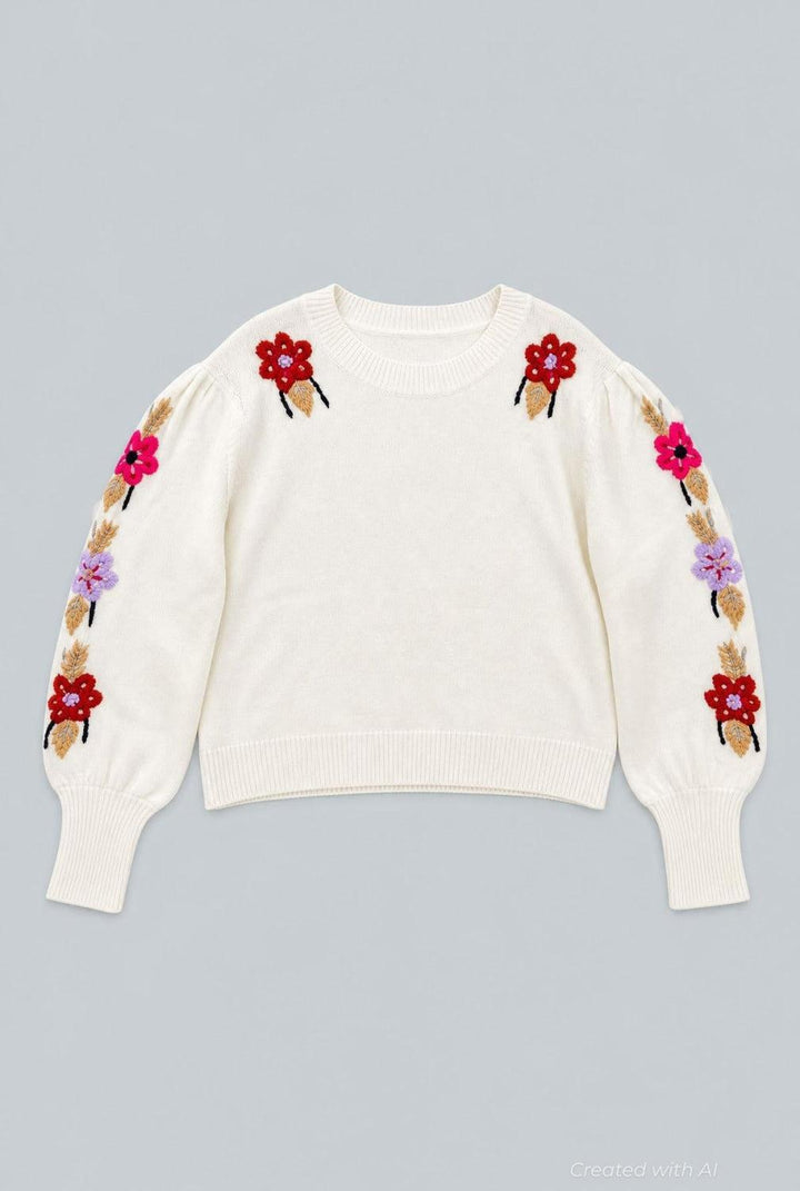 Embroidered Crew Neck Sweater - Ivory - Sweater