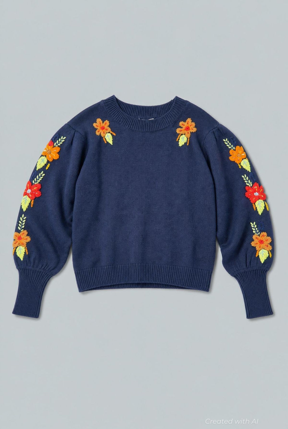 Embroidered Crew Neck Sweater - Navy - Sweater