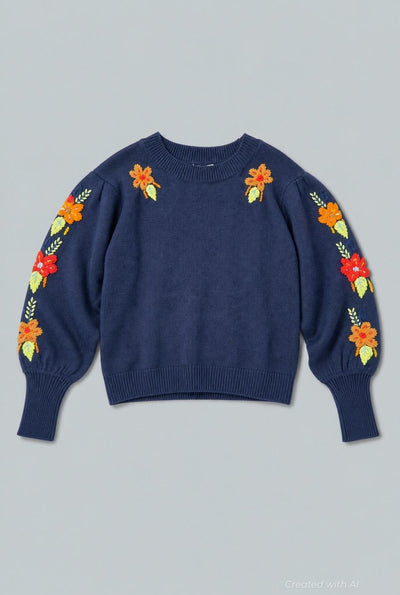 Embroidered Crew Neck Sweater - Navy - Sweater
