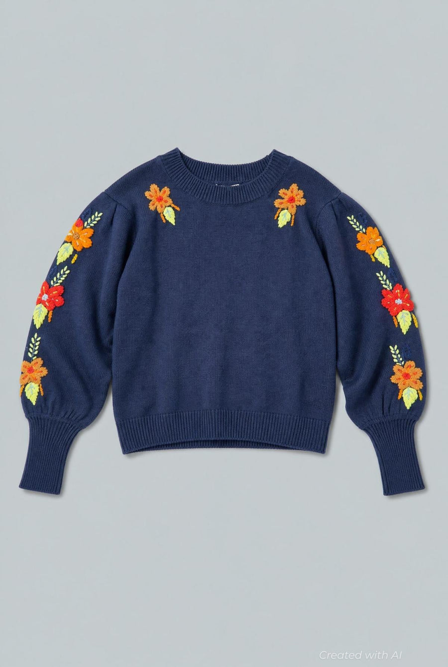 Embroidered Crew Neck Sweater - Navy - Sweater