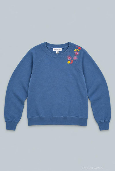 Embroidered Crew Neck Sweatshirt - Deep Blue - XS - Crewneck Sweatshirt