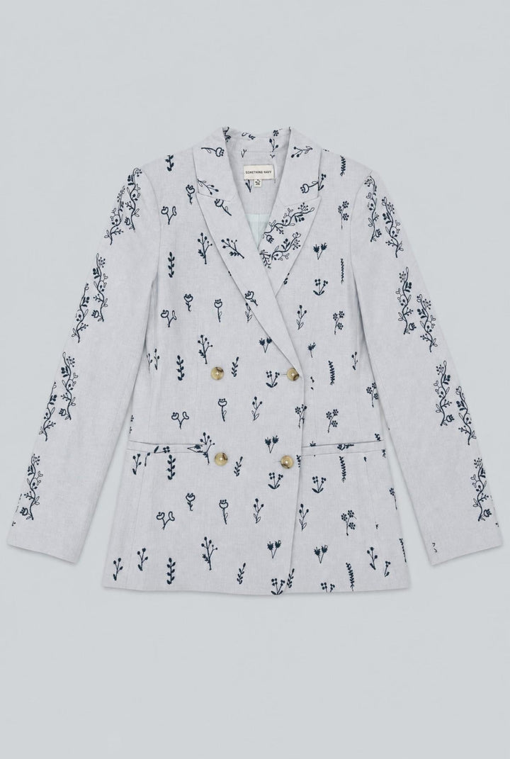 Embroidered Double Breasted Blazer - Blue Combo - Blazer