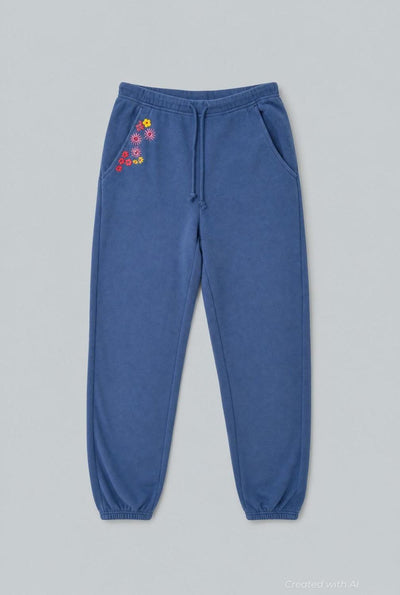 Embroidered Drawstring Sweatpants - Deep Blue - Sweatpant